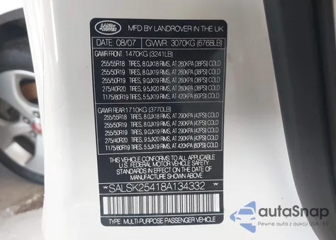 2008 Land Rover Range Rover Sport Hse from USA, damaged, VIN SALSK25418A134332